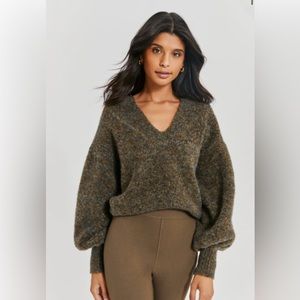 Something Navy Split Neck Marled Sweater in Dark Green, Size Medium